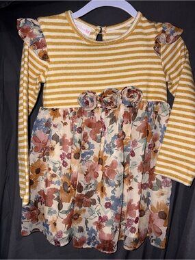 Bonnie Jean Yellow Striped Long-Sleeve Floral Dress